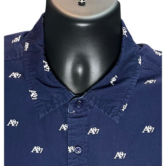 Aeropostale A87 Men’s Short Sleeve Button Up Shirt Large Navy Blue All Over Logo - Picture 3 of 11